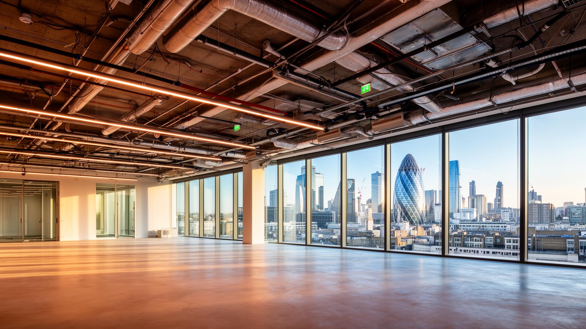 Empty London office shell with exposed services and City skyline view